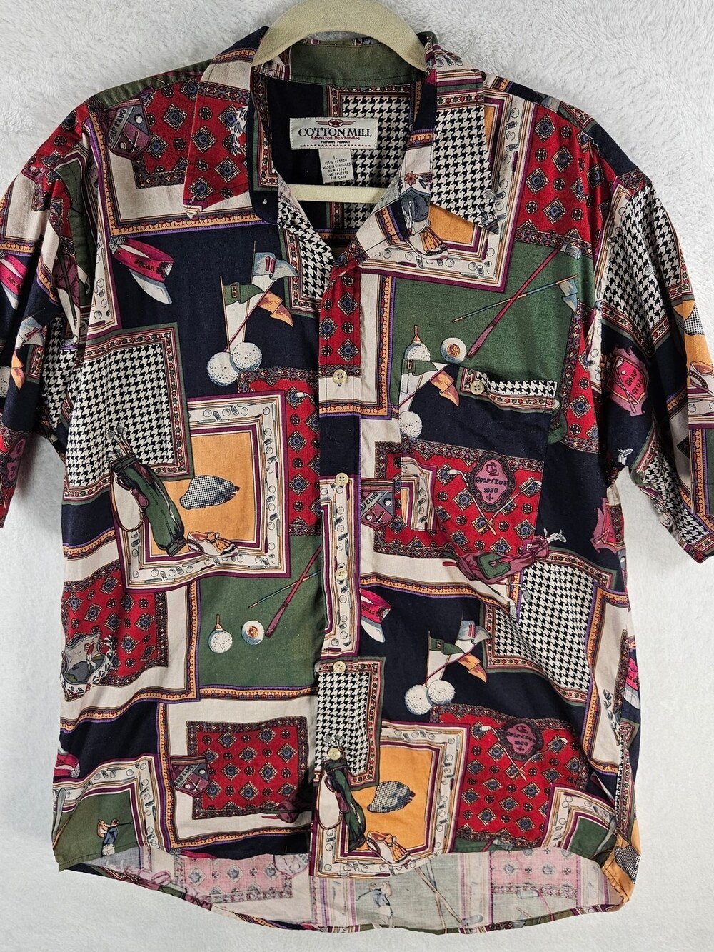 Vintage 90s Cotton Mill Button-Down Shirt Golf Print Patchwork Men's Size Large